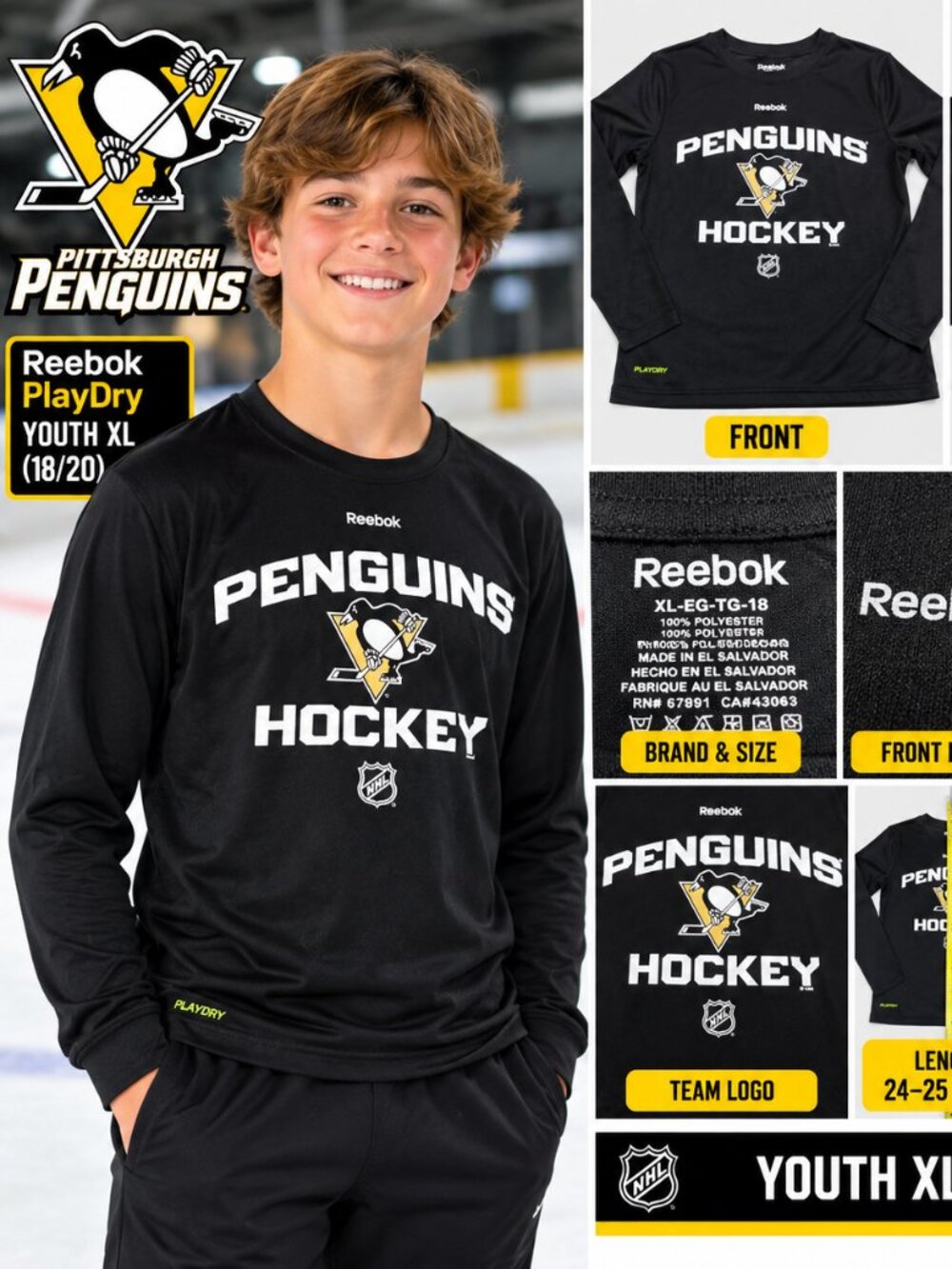 Reebok Pittsburgh Penguins PlayDry Long Sleeve Shirt – Youth XL 18/20